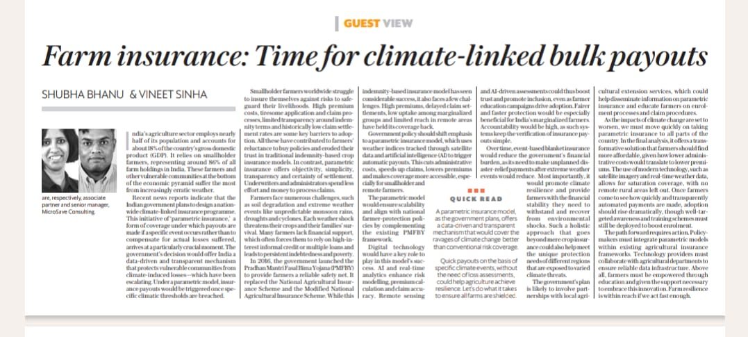 Mint Guest View page: 'Farm insurance: Time for climate-linked bulk payouts'